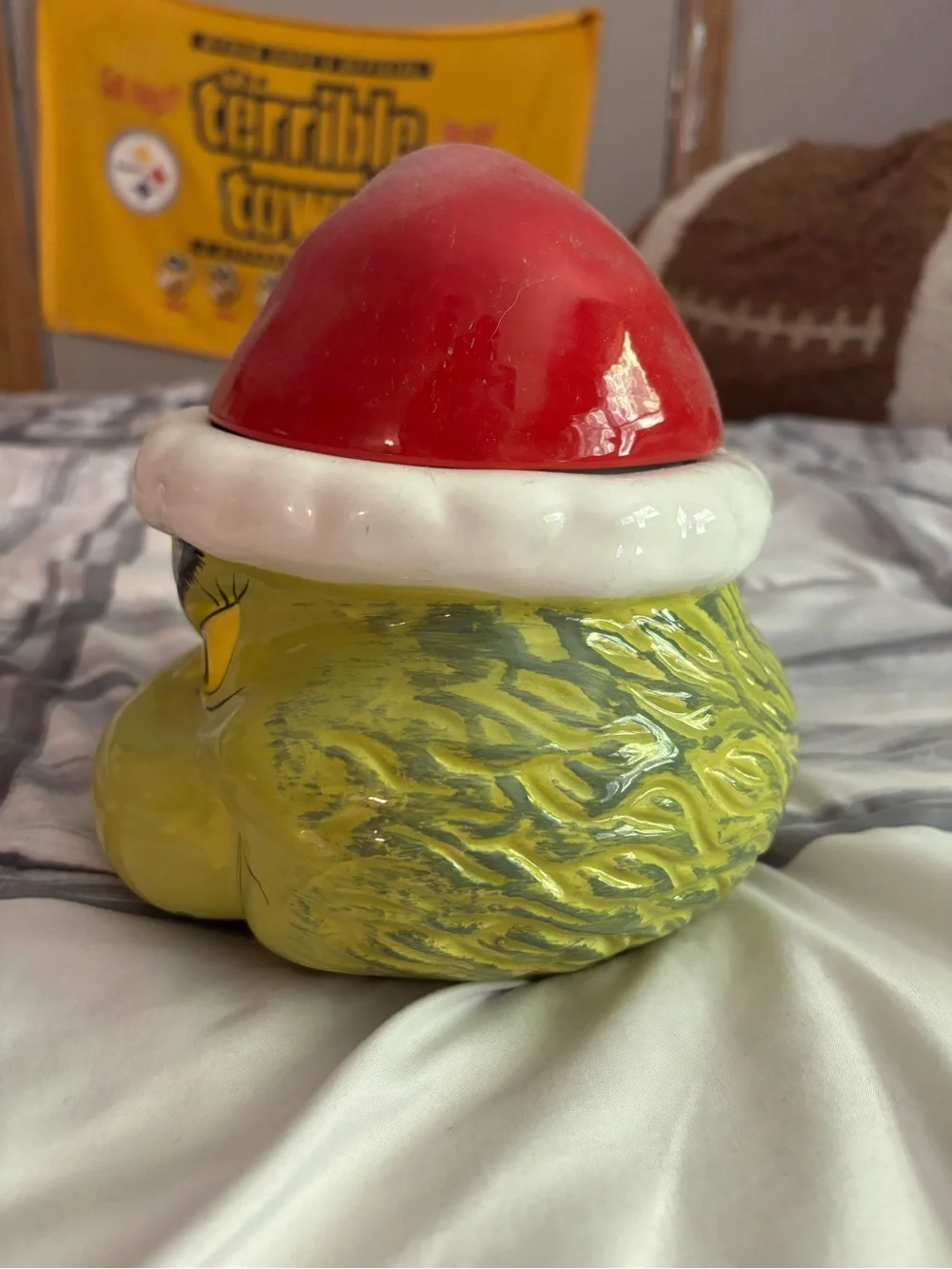 Green Grinch Ceramic Jar with Red Santa Hat